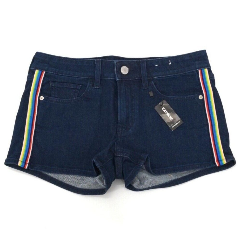 Express‎ Jean Shorts Womens 2 Blue Denim Shortie Rainbow Stripe Retro